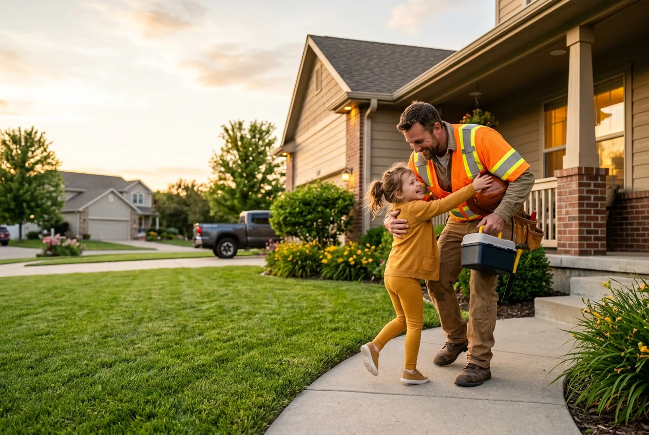 Worker in safety vest greeted by his daughter at home